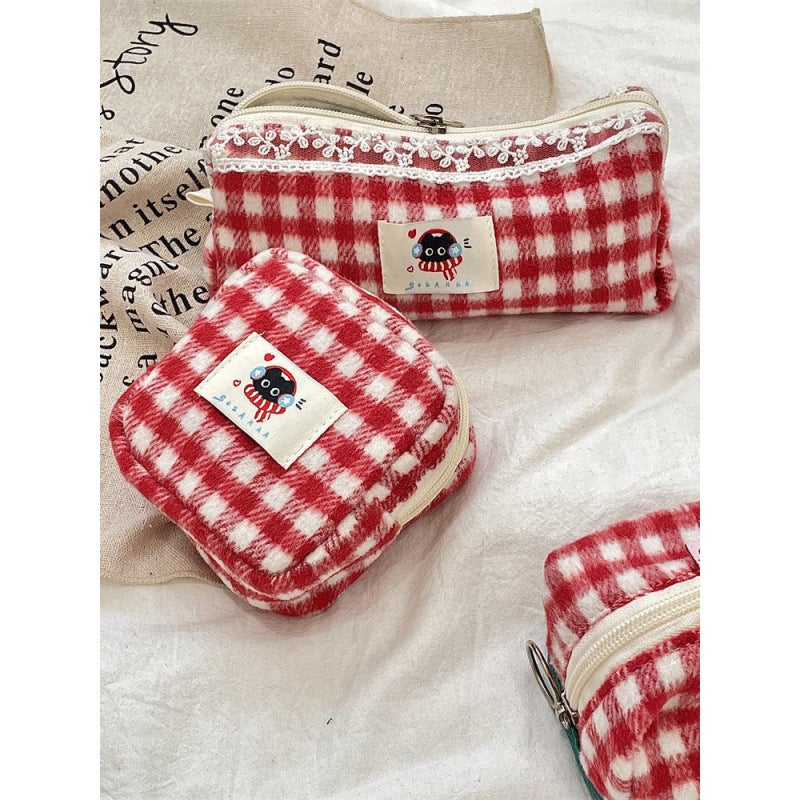 Wool Plaid Storage Bag Student Sanitary Bag Stationery Pencil Bag Large Capacity Multifunctional Cosmetic Bag - Image 4